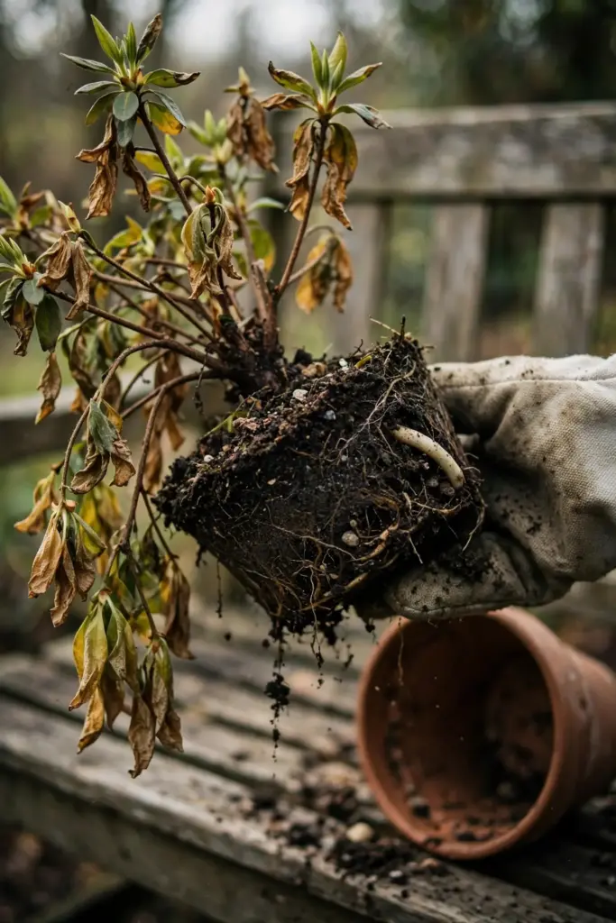 Wilting potted azalea with dark root ball held for inspection