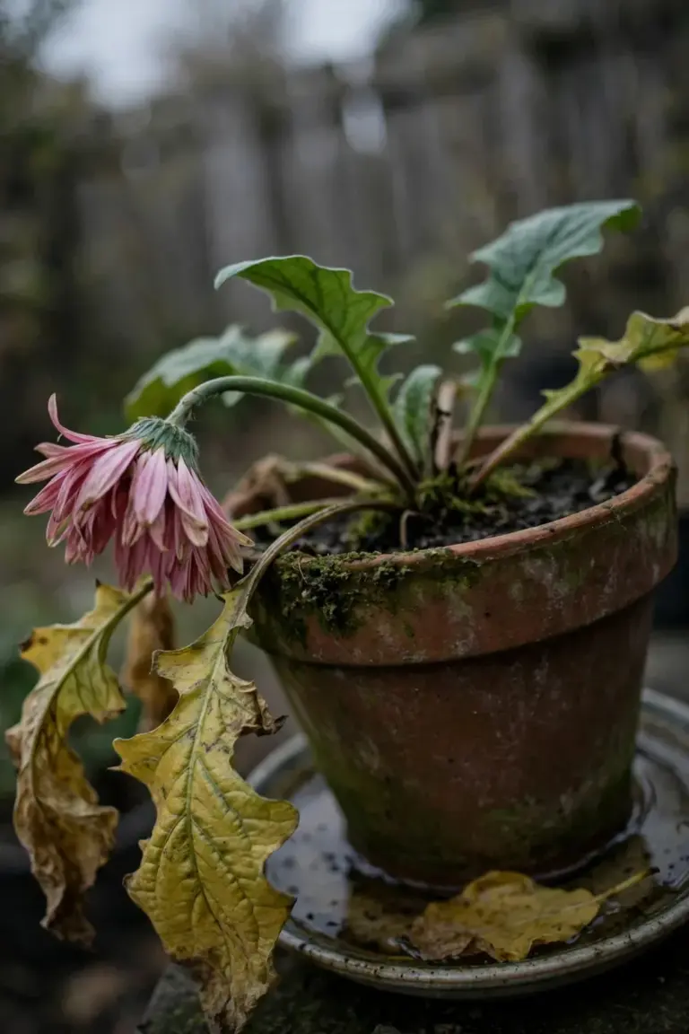 A wilting gerbera daisy in a pot with yellowing lower leaves