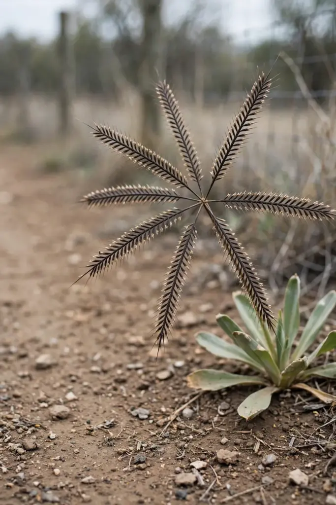 Windmill grass seed head with spokes radiating from one point above blunt-tipped leaves