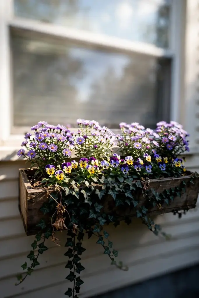Window box with dwarf asters, pansies, and trailing ivy