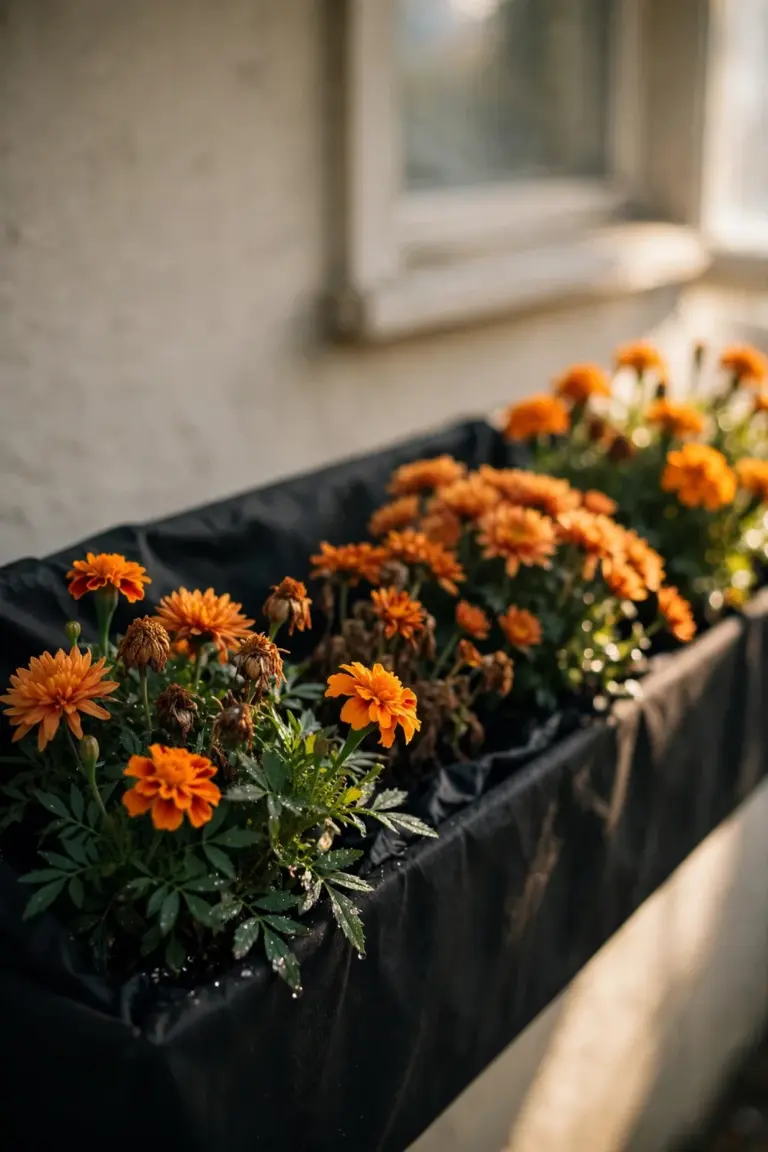 Window box lined with black fabric and packed with orange marigolds and mums