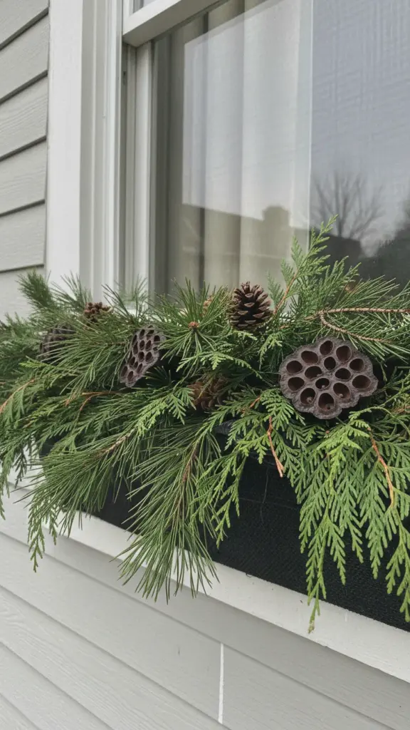 Window box planted with angled pine and cedar boughs and pinecones