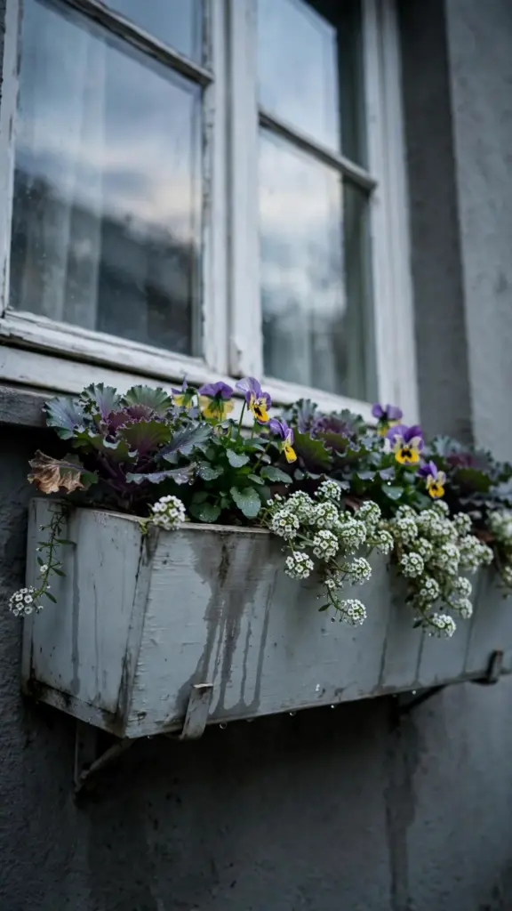 Window box alternating ornamental kale and pansies with trailing alyssum