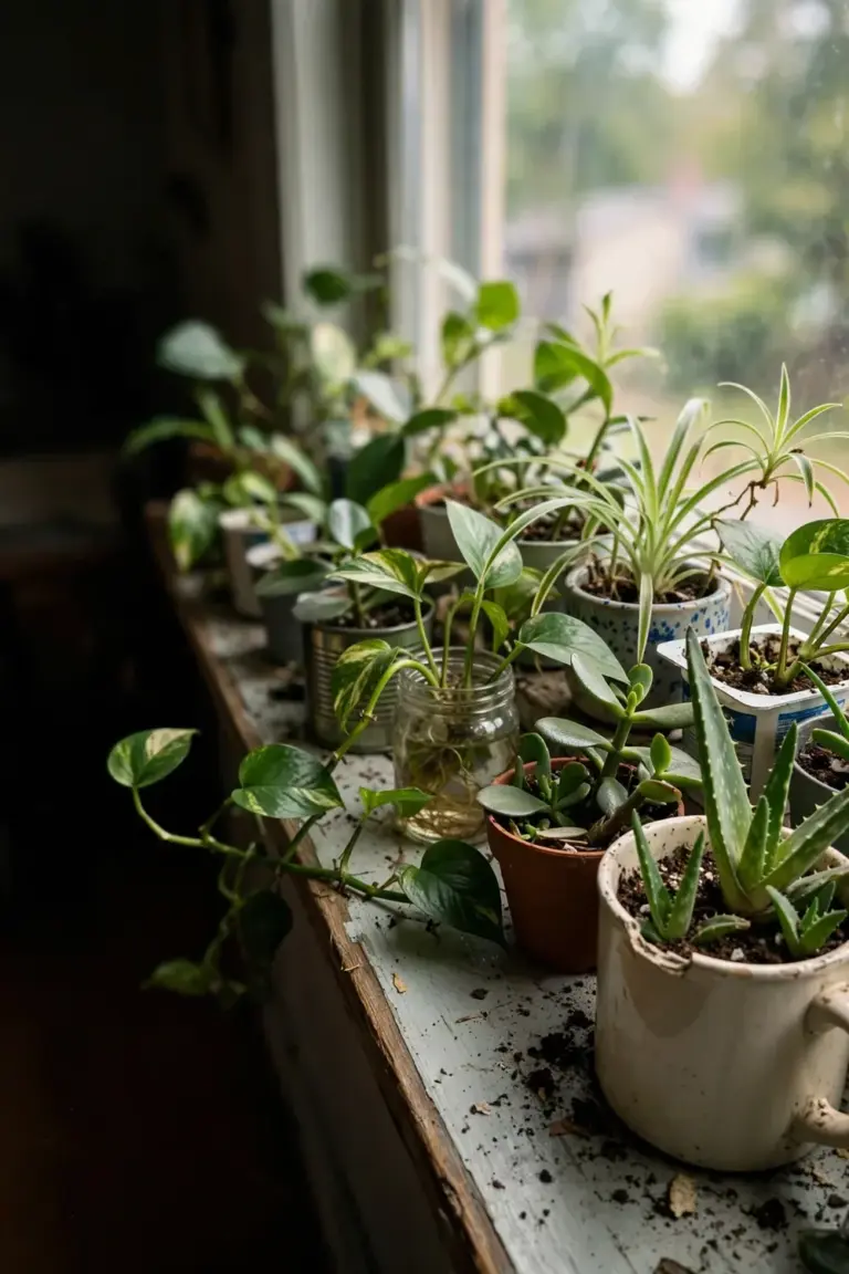 Crowded windowsill of free propagated houseplants in mismatched pots
