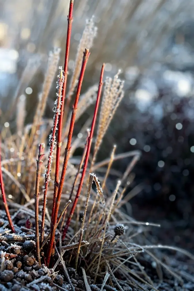 Red-twig dogwood stems in frost with ornamental grasses behind