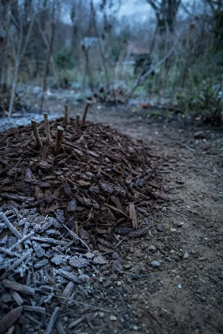 Mulched alstroemeria bed in winter dormancy with cut-back stem stubs