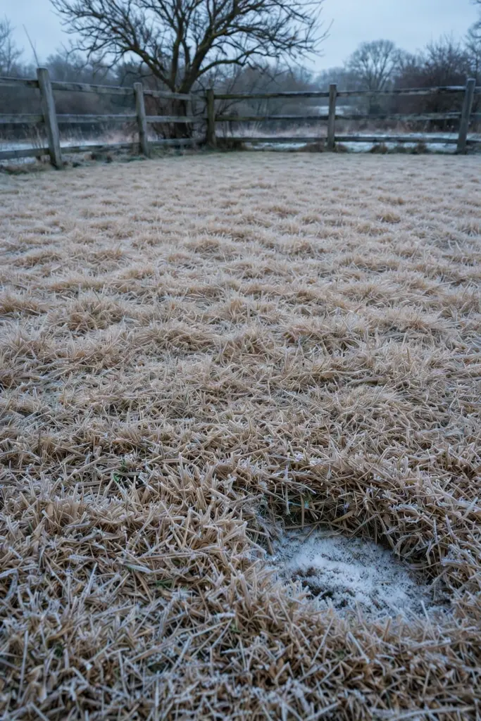 Uniform straw-brown dormant lawn after frost with no green growth