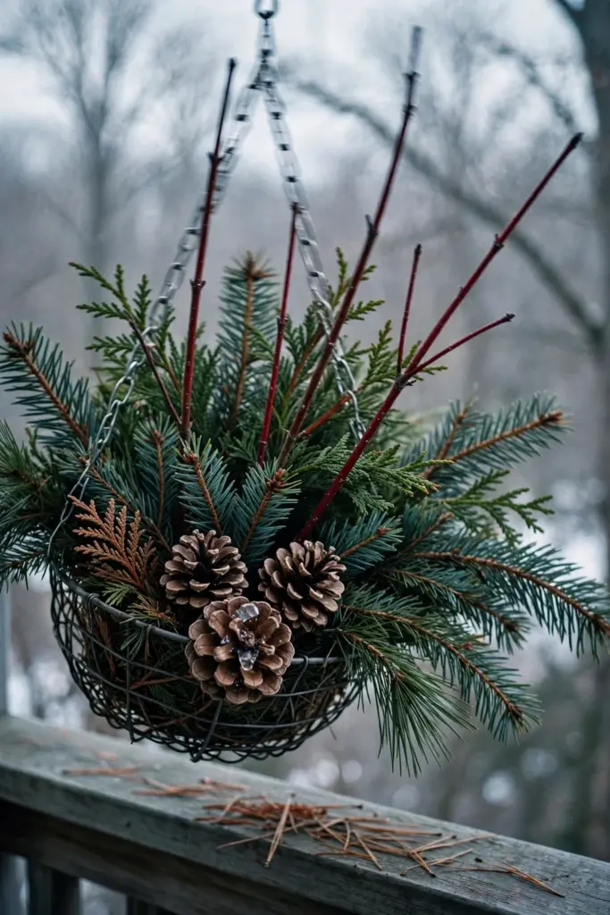 Wire basket refilled with evergreen cuttings and pinecones for winter