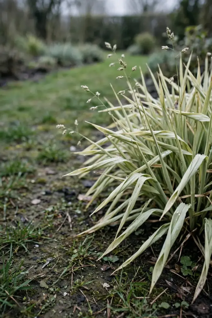Winter grass pale tufts with boat-shaped leaf tips and seed heads in a lawn