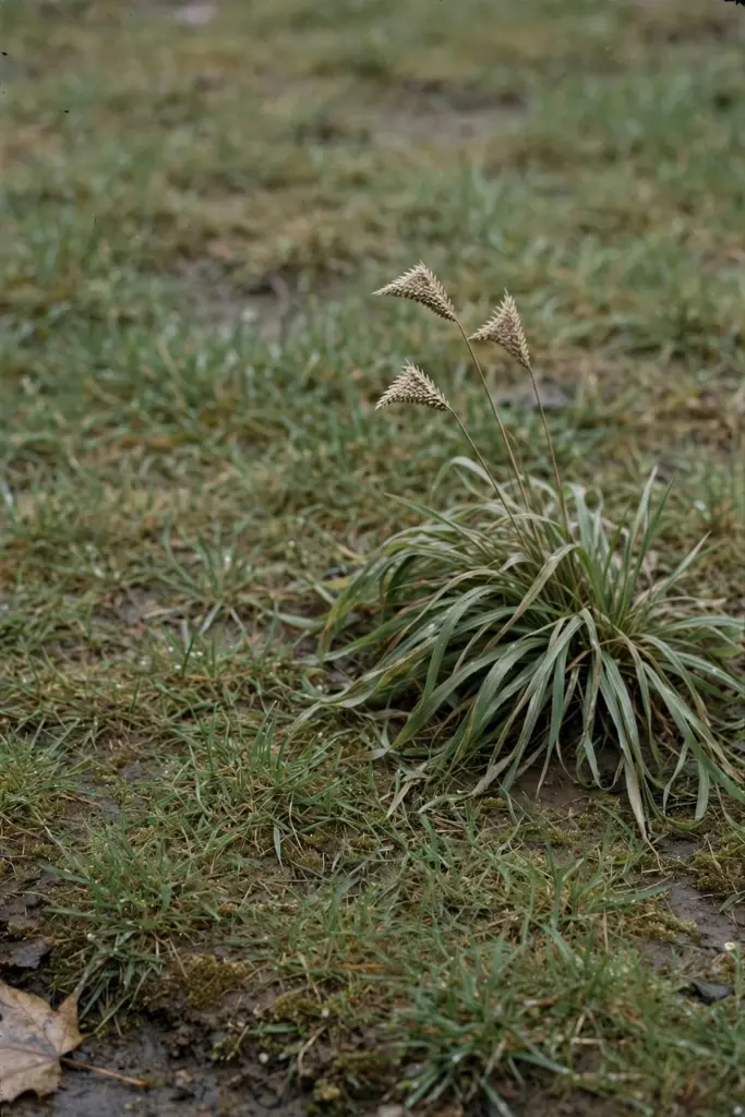 Winter grass tuft with soft drooping leaves and triangular seed heads in Couch