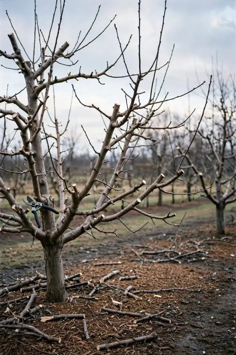 Winter-pruned apple tree with open center and cut branches on the mulch