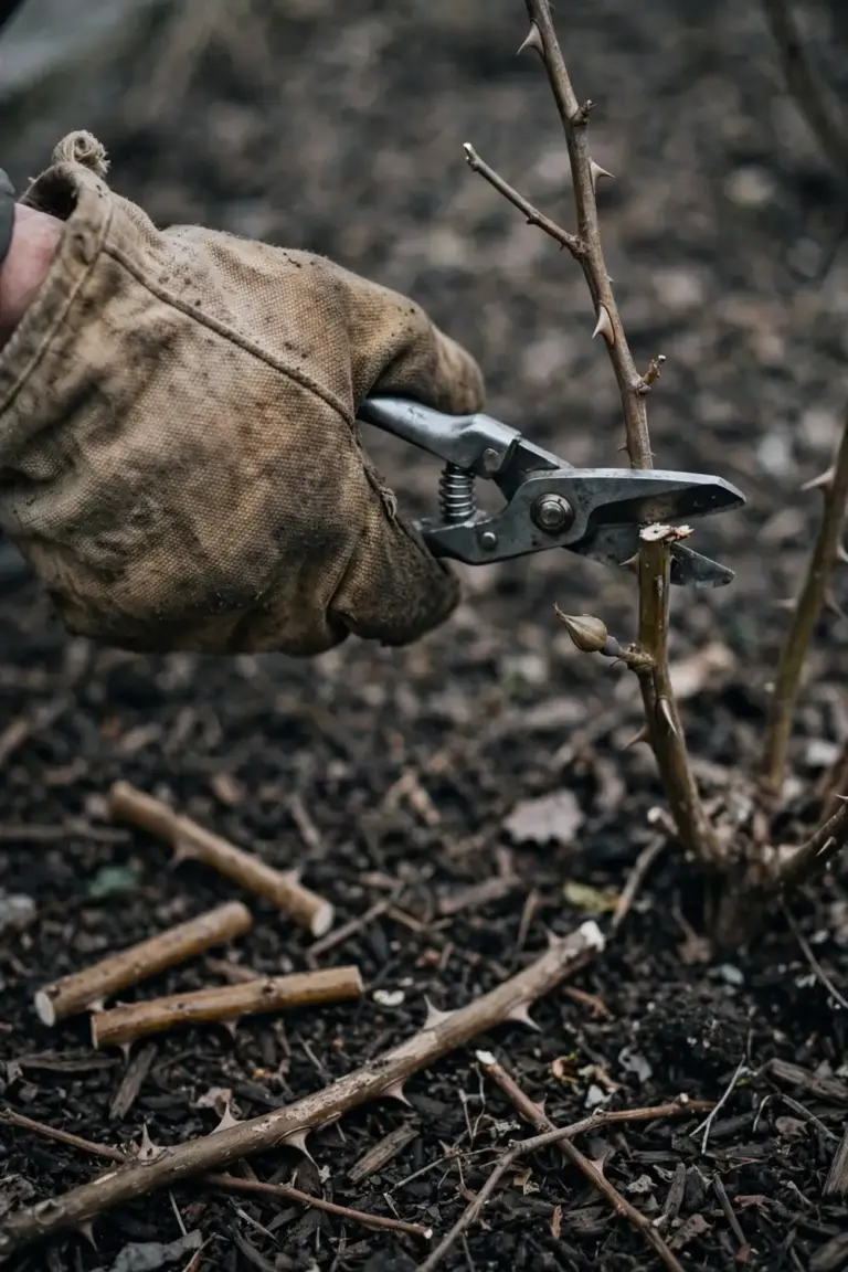 Hand with secateurs pruning a dormant rose cane just above an outward bud