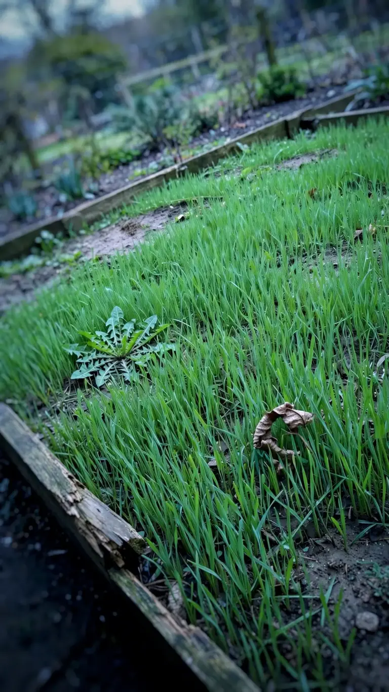 Wide bed of young winter rye greening an empty garden bed