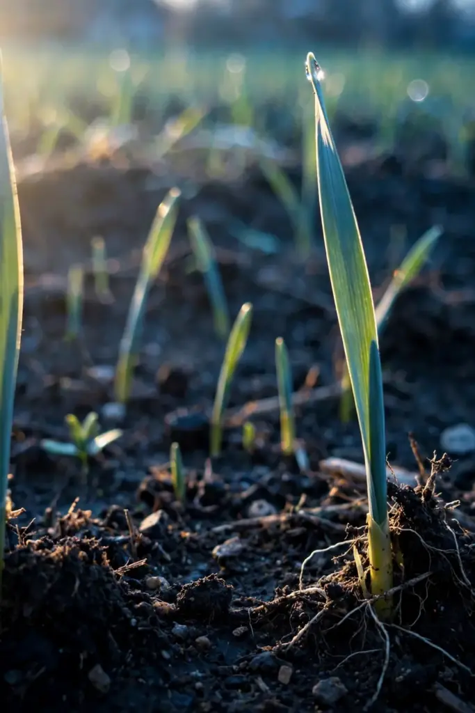 Winter rye seedlings at successive stages, tallest backlit translucent
