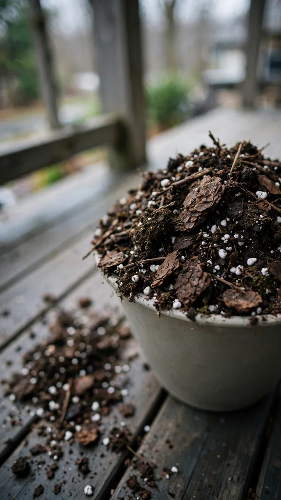 A loose soil mix of bark chips and perlite mounded in an urn