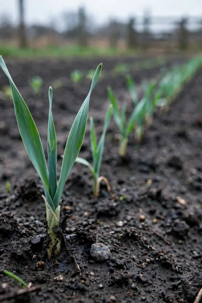 Young winter wheat seedlings in a row pushing through dark soil