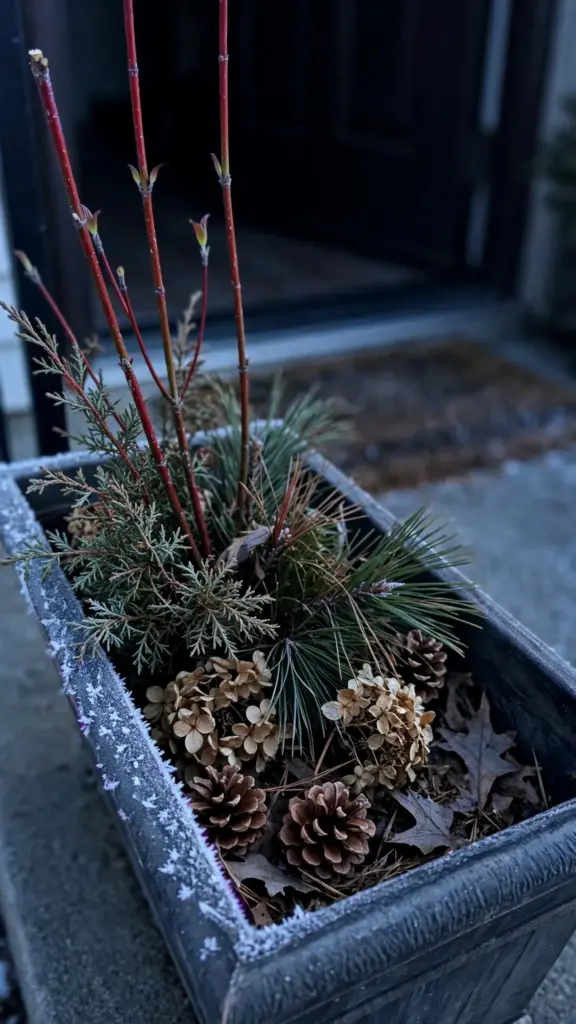 Winter pot of juniper cuttings, pine boughs, and pinecones by a door