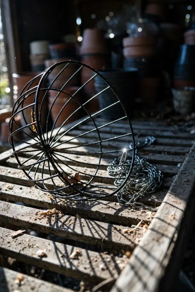 Empty 35 cm wire hanging basket with chain on a potting bench