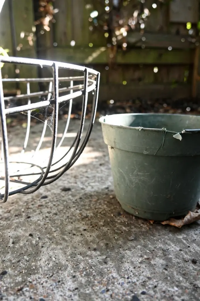 Wire basket frame beside a plastic hanging pot, side by side