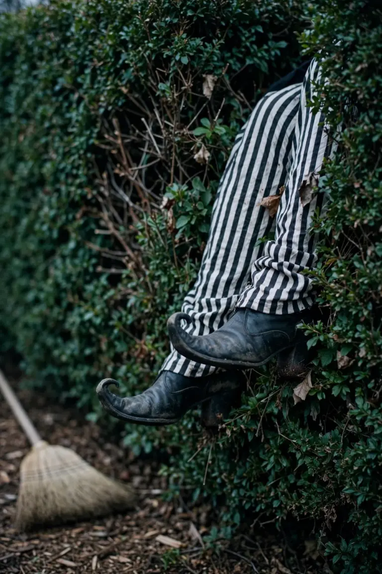 Striped witch legs and pointed shoes sticking out of a hedge beside a fallen broom