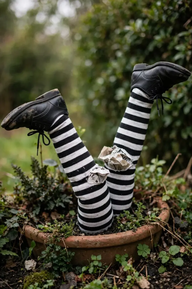 Stuffed witch legs in black-and-white striped stockings poking upside down from a planter