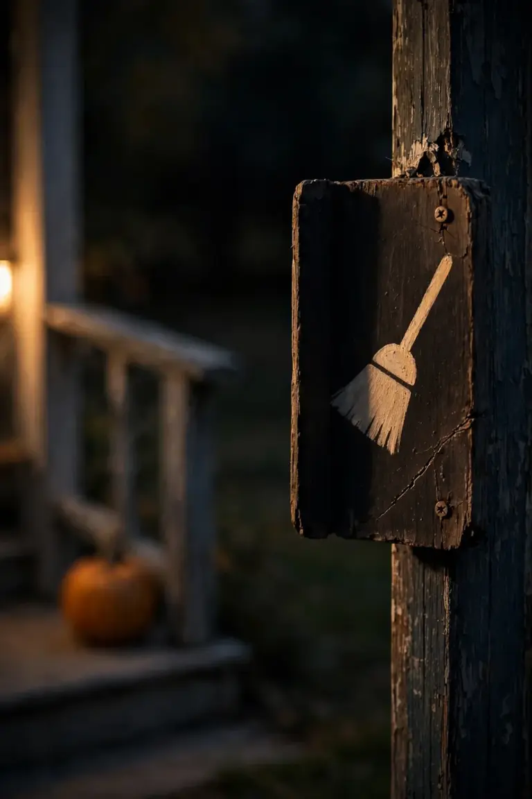 A small hand-painted wooden sign with a broom motif hanging in shade on a porch post