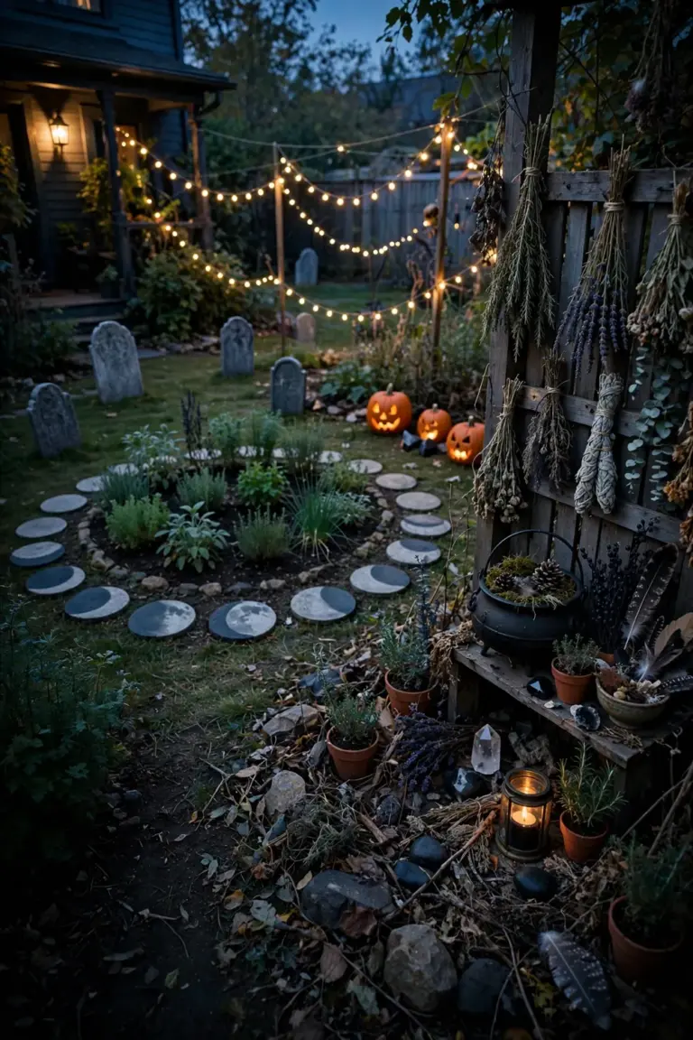 Witchy garden corner with herb circle bed and lanterns set within a wider Halloween garden at dusk