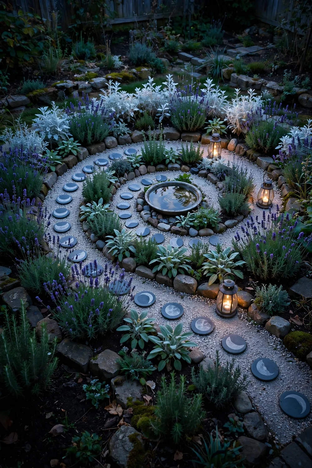A witchy garden corner at dusk with a round herb bed, moon bowl, silver foliage and candle lanterns