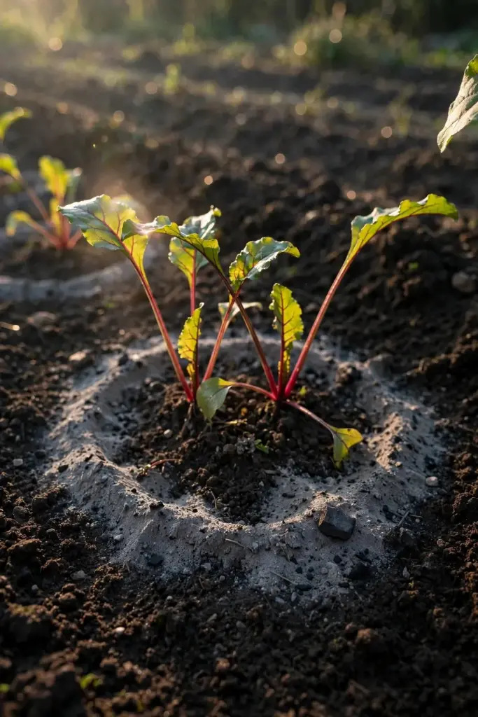 Gray wood ash dusted in a thin ring around beet tops