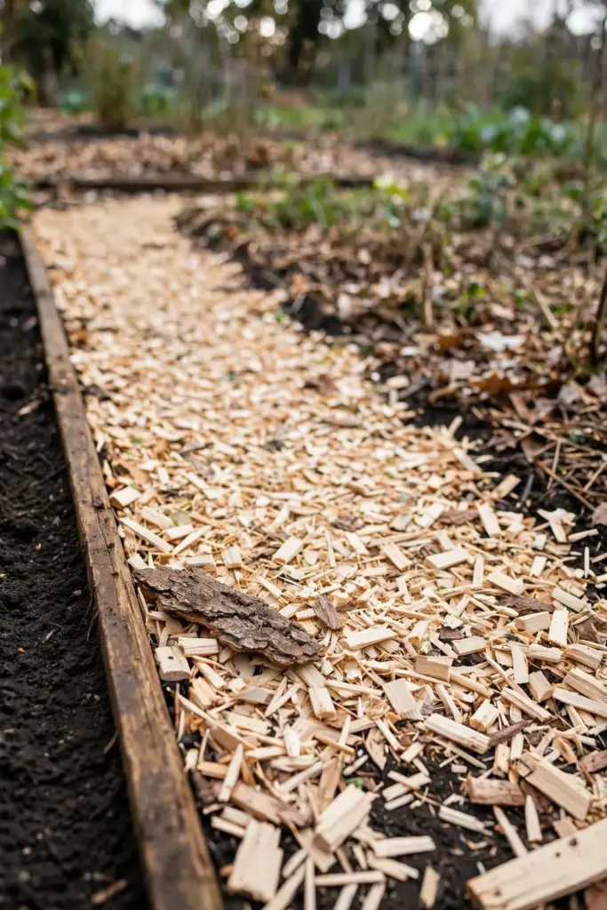 Fresh wood chips on a garden path between mulched vegetable beds