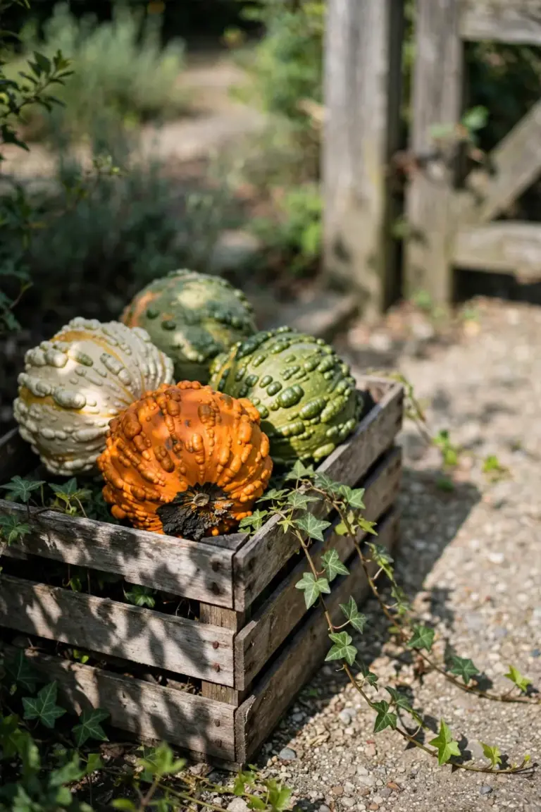 Weathered wooden crate filled with warty gourds and trailing ivy beside a garden path