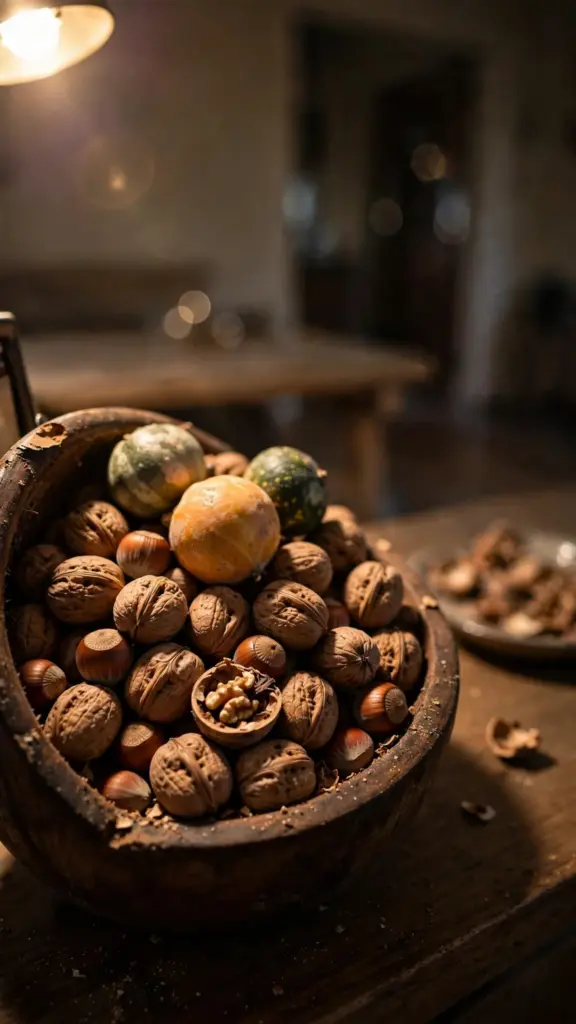 Wooden bowl of walnuts and hazelnuts with mini gourds nested on top