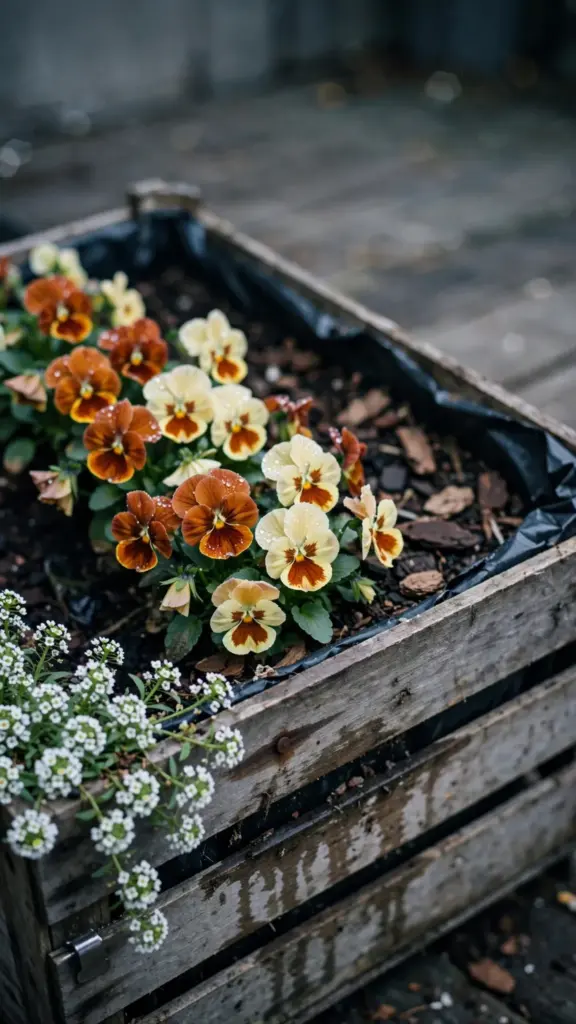 Wooden crate planted with two-color pansies and trailing alyssum