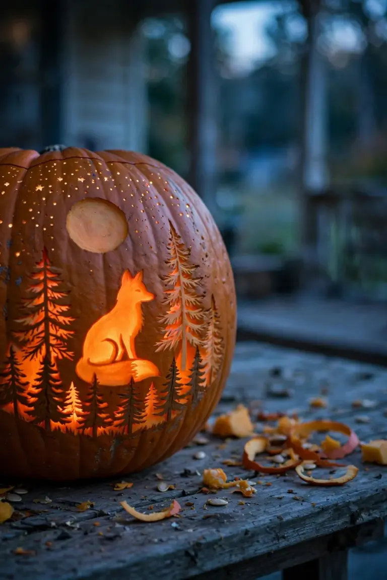 Wide pumpkin carved with a woodland scene of pine trees, a glowing fox and an etched moon