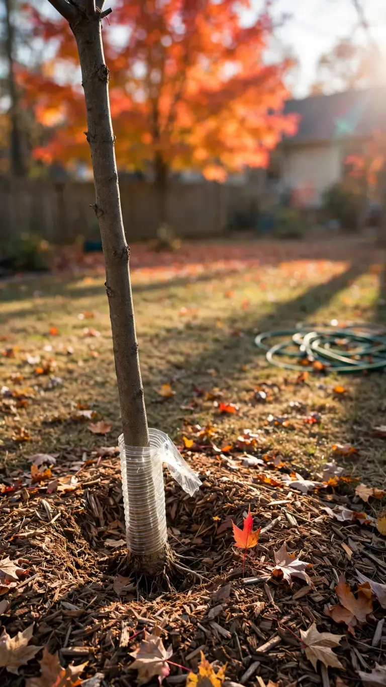 Newly planted young tree with a wide mulch ring in an autumn garden