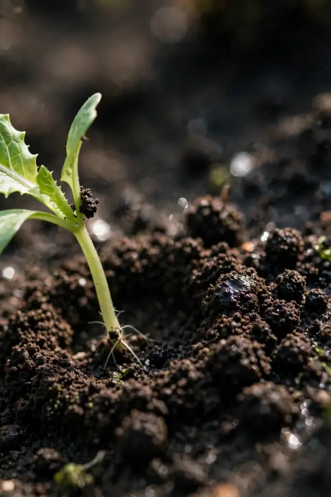 Dark worm castings top-dressed around a seedling base