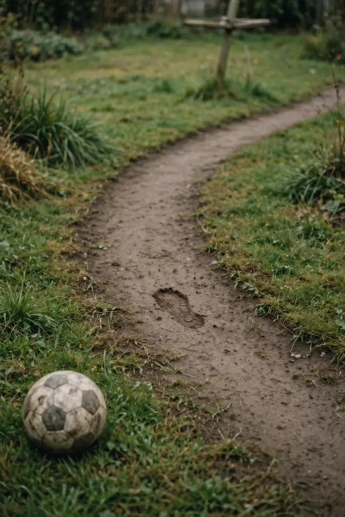 Worn bare path curving across a lawn with a ball resting on the turf