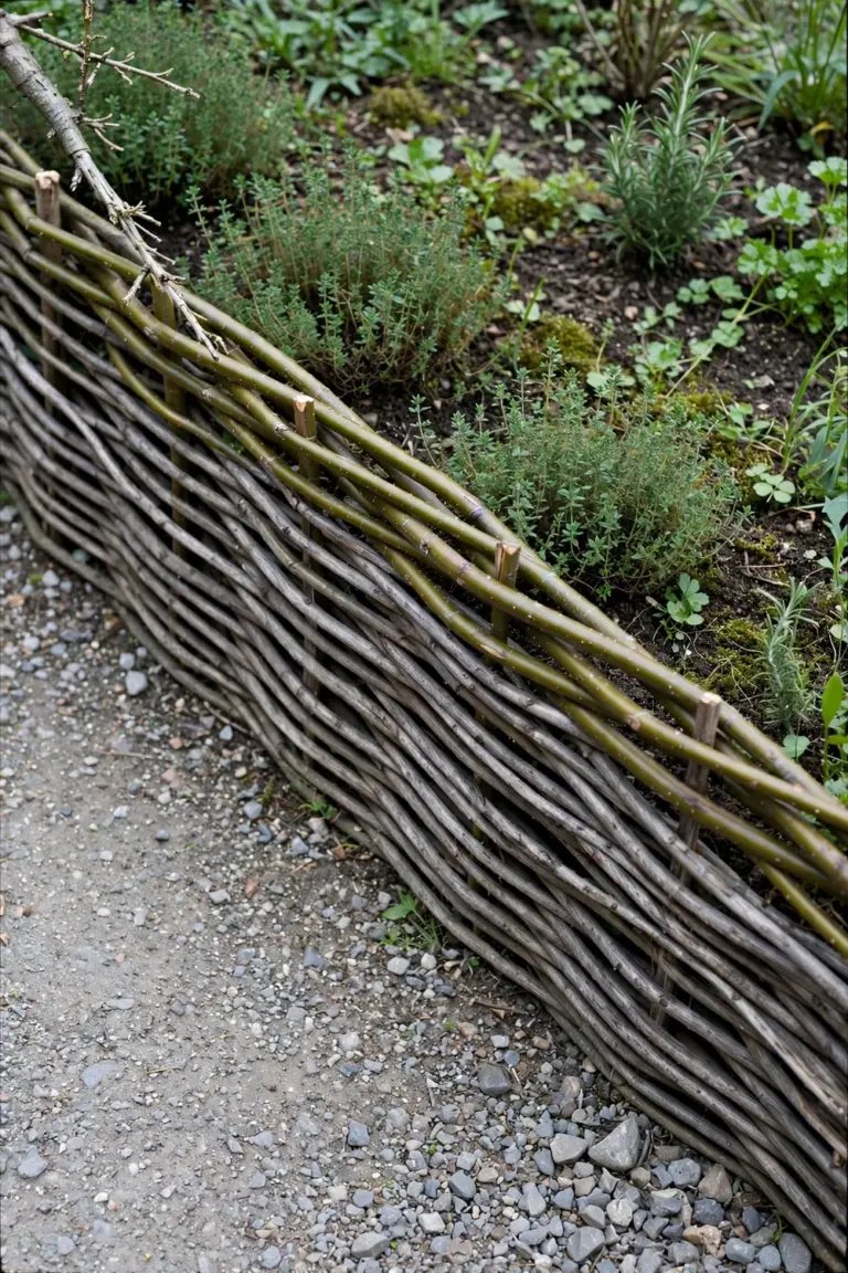 A woven willow hurdle border edging a herb bed, with upright stakes and horizontal rods