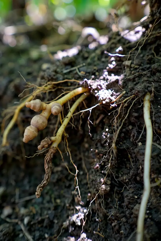 Grapevine feeder roots with swollen blunt root tips in soil