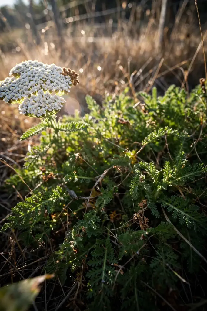 Ferny yarrow foliage with a flat white flower head