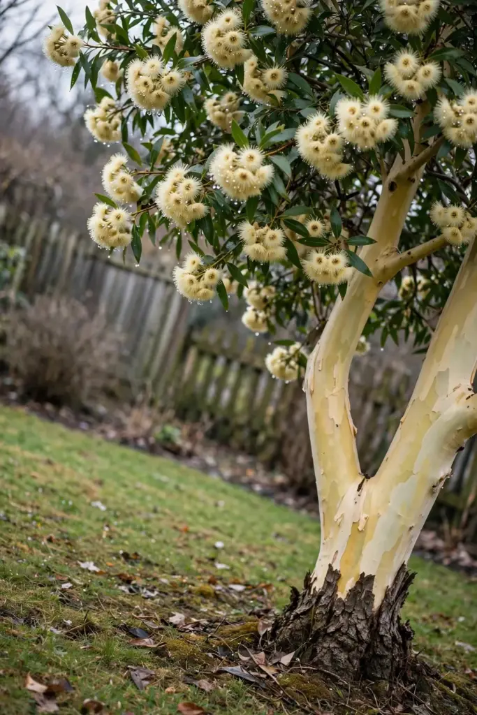 Yellow gum with cream flowers and smooth cream-yellow upper bark in winter