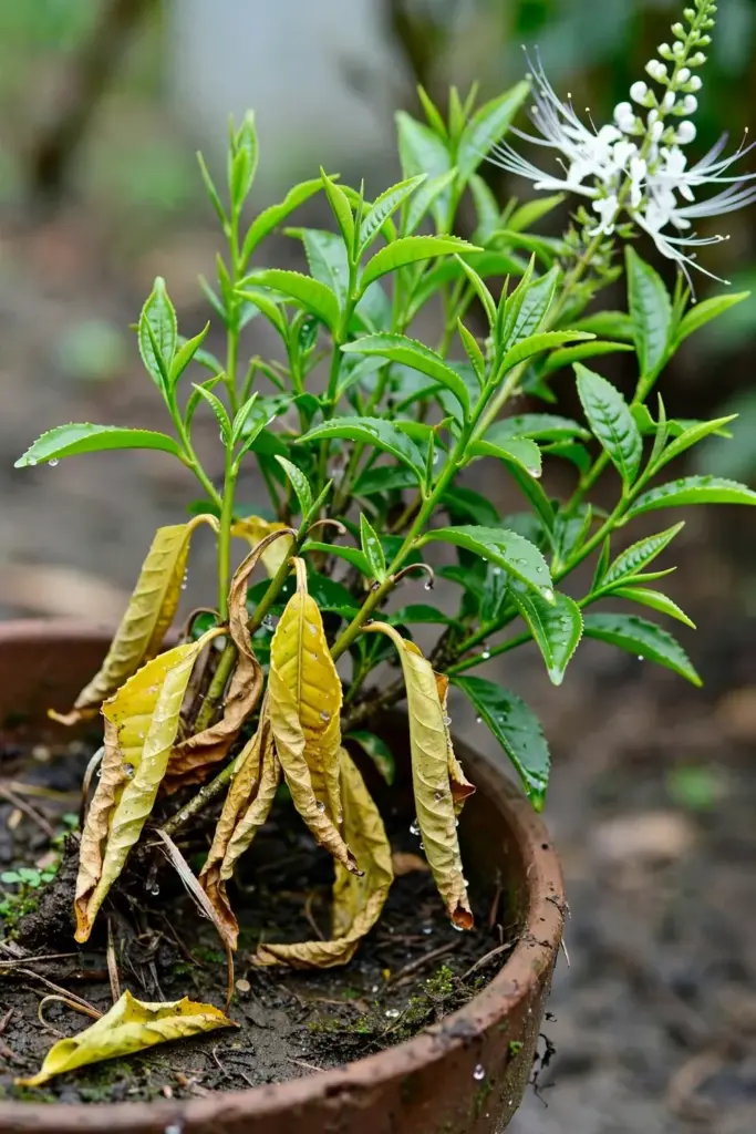 Java tea plant with yellowing lower leaves and healthy top growth