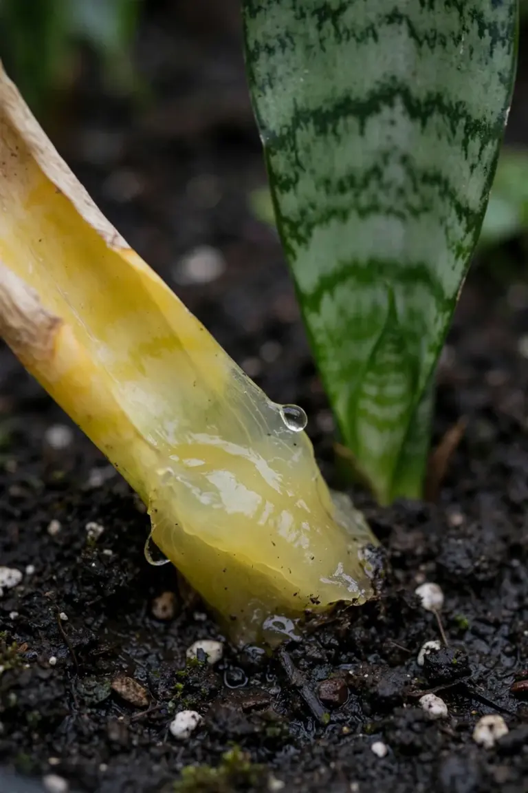 Yellowing soft snake plant leaf at the base, the classic overwatering sign