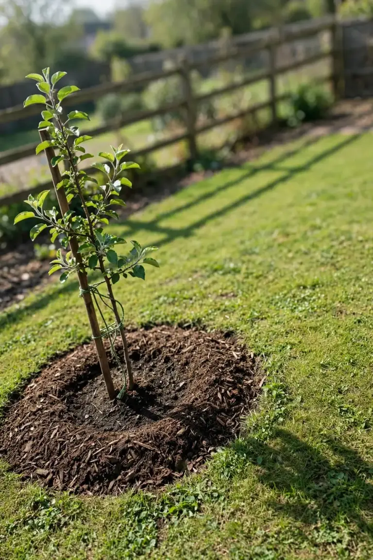 Newly planted young apple tree staked in a sunny garden bed