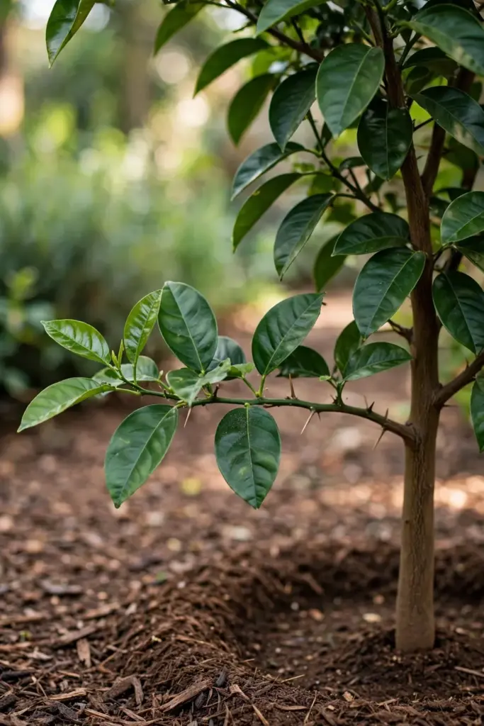 Young bitter orange tree in a mulched garden bed in full sun