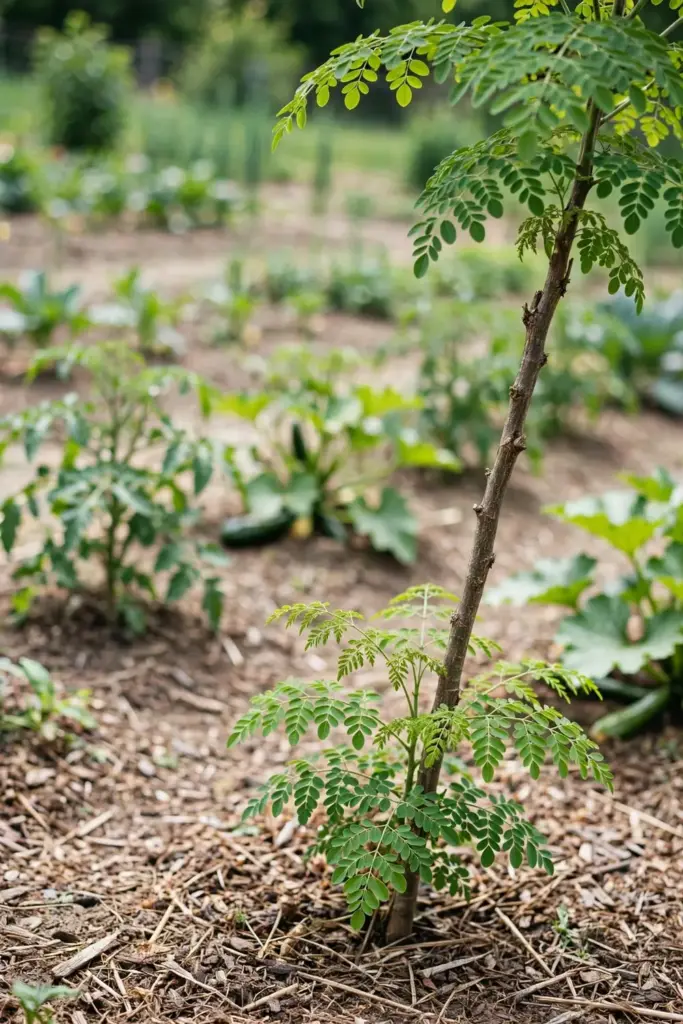 Young moringa tree growing fast in a summer vegetable garden bed