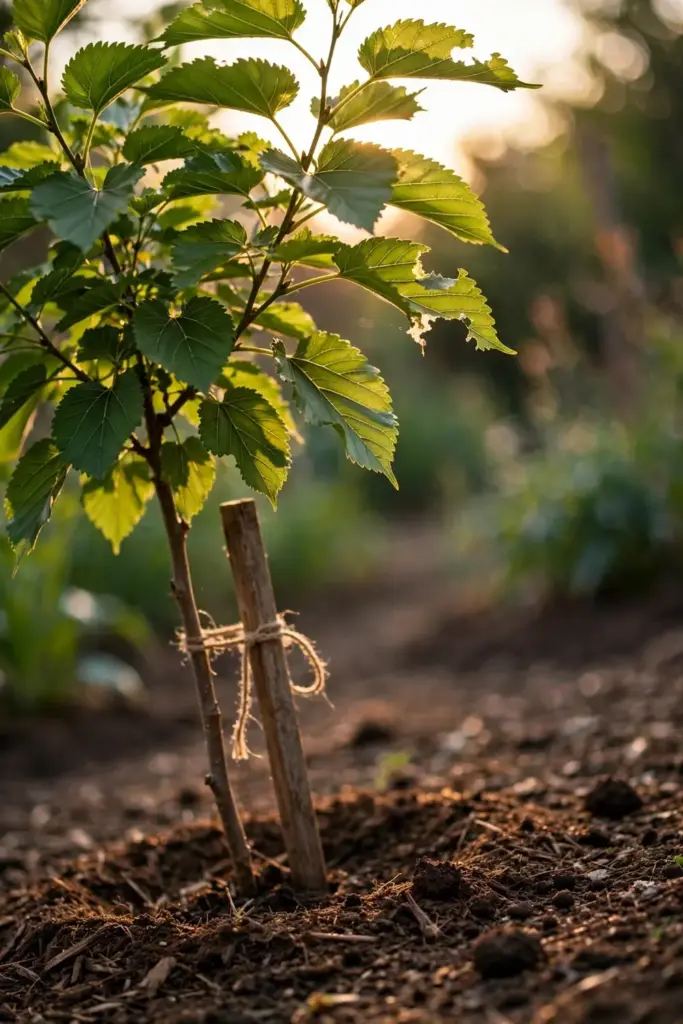 Young mulberry tree newly planted in a mulched garden bed