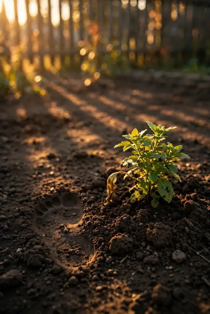 Young mum newly planted in warm late-summer soil at low sun