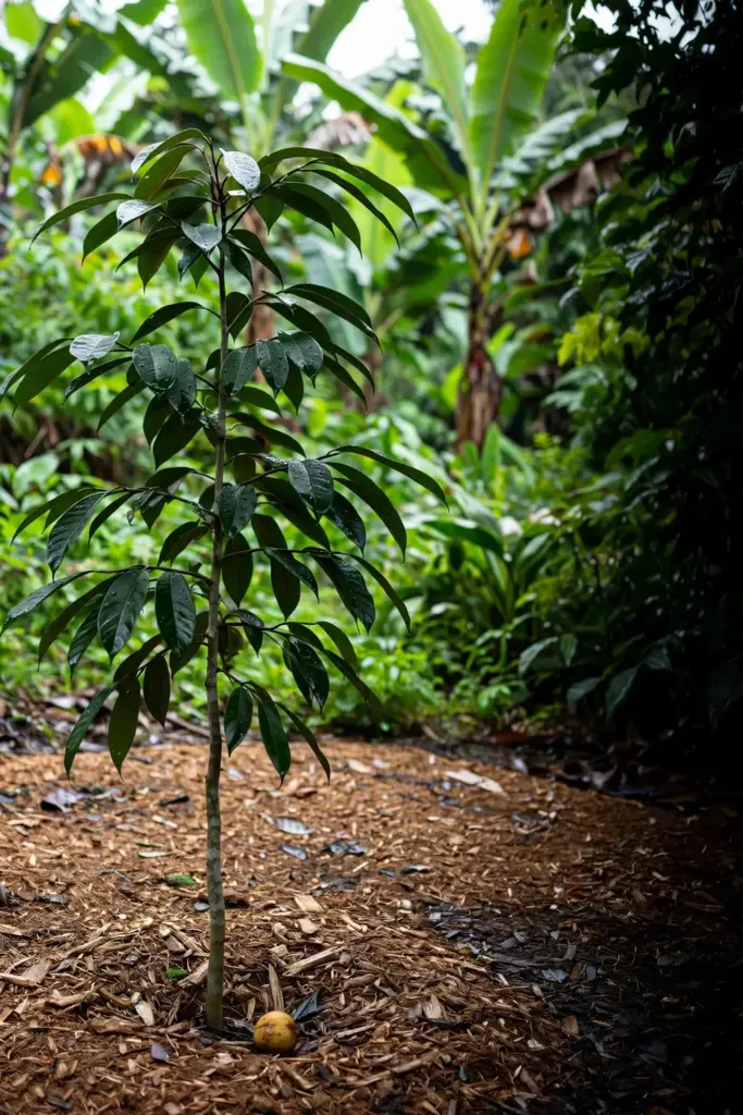 Young nutmeg tree in a mulched bed in a humid tropical garden