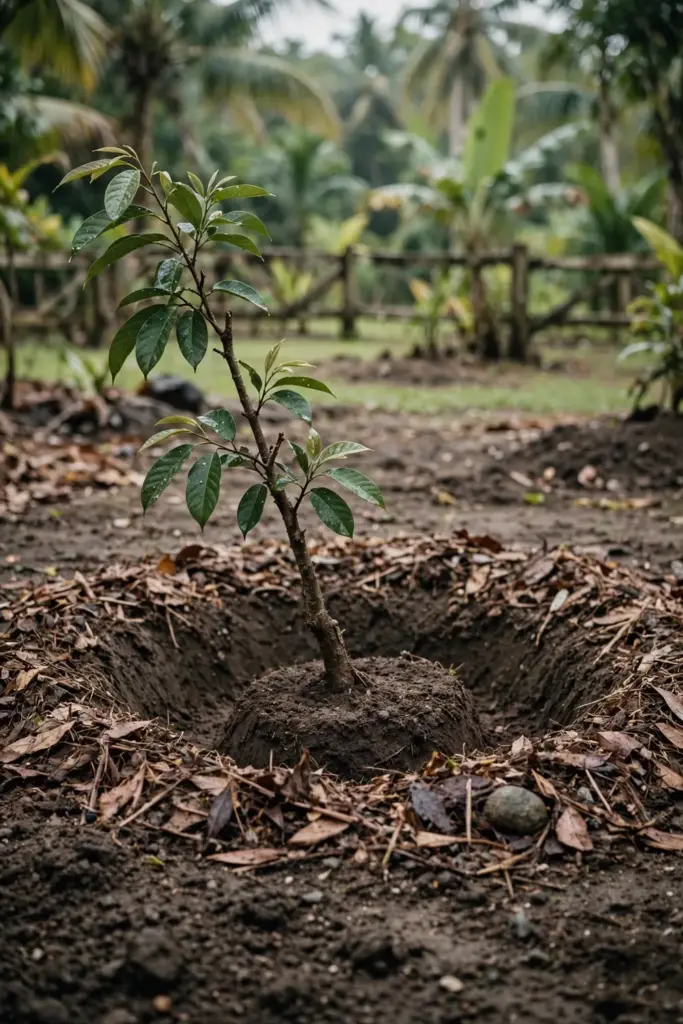 Young nutmeg tree newly planted in a wide mulched hole